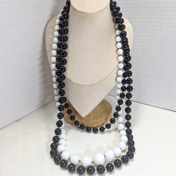 Lot of 3 VTG Black/White Gold Beads Lucite Beaded Necklace PAT Number in cladp - Picture 1 of 7